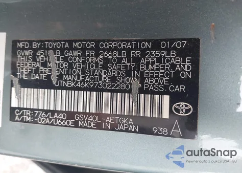 2007 Toyota Camry Xle V6 from USA, damaged, VIN JTNBK46K973022280